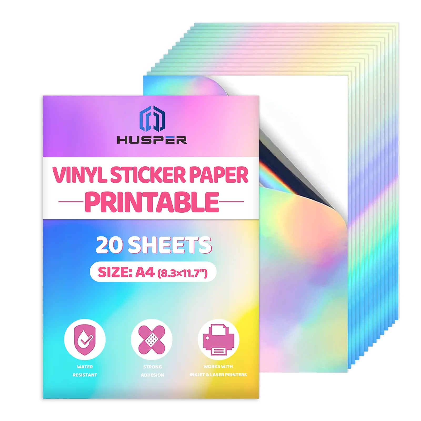 20/40Pcs A4 Holographic Rainbow Vinyl Sticker Paper for Inkjet & Laser Printers Self-Adhesive Waterproof Holographic Label Paper