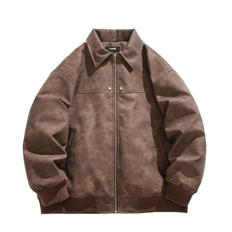 American Retro Brown Motorcycle Mens Leather Jacket Maillard Style Loose Lapel Zipper Men and Women Couple Bomber Jacket Coat