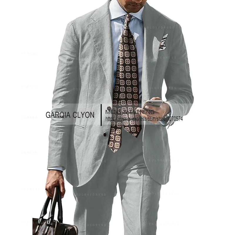2025 New Casual Men's Suit Jacket Summer Spring Blazer Two Bottom Breathable Cotton Linen Coat 2 Pieces( Jacket+Pants )