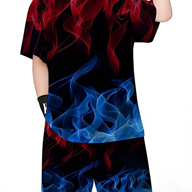 Summer Outfit Blue Flame Print Short Sleeve T - Shirt + Set - View 4 | SAMAG