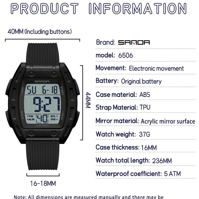SANDA 6506 Men's Electronic Watches Stopwatch Alarm 5ATM Waterproof Sports Digital Watch for Men Luxury Shockproof Clock Reloj