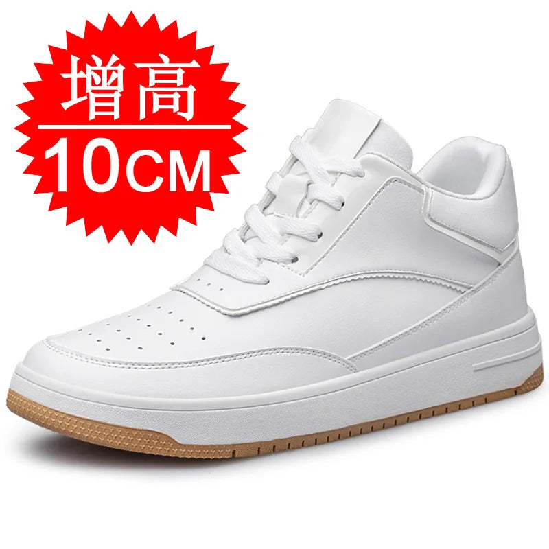 Men's Invisible Height Increasing Elevator Shoes 6cm 8cm 10cm Pure White Light-Weight Lace-up Genuine Leather Sporty Sneakers