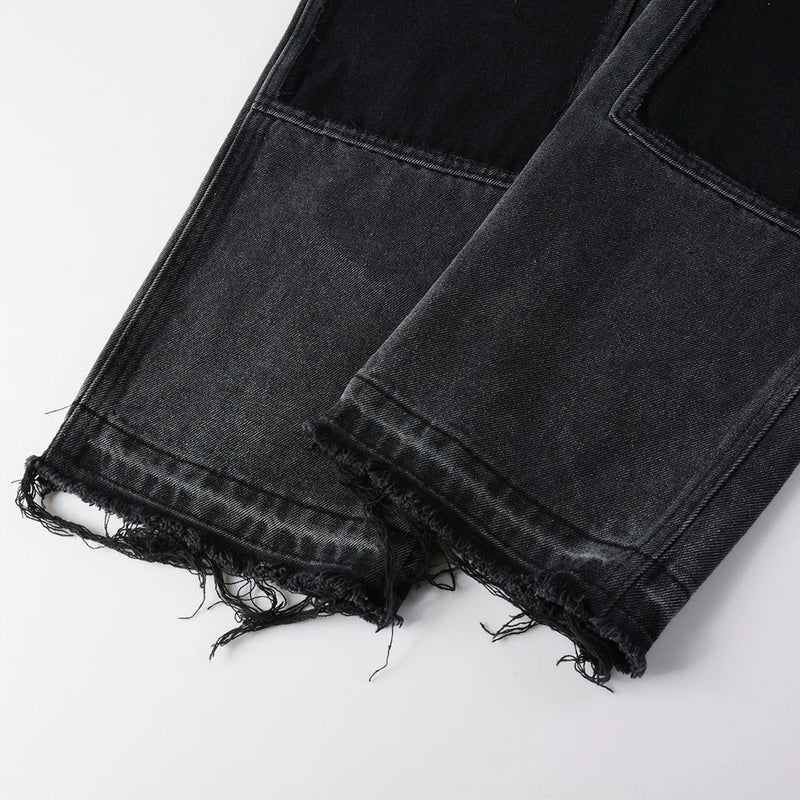 Men Patch Cargo Denim Jeans Streetwear Rivet Released Hem | SAMAG