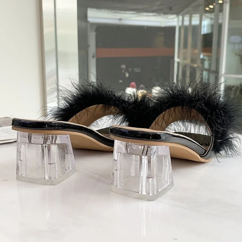 Fashion Slippers Women's Summer New Open Toe Plush Fox Fur Chunky with Flip Flops Sexy Home Banquet Square Toe Simple Pumps
