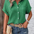 Women Casual Cotton Blouse Vintage Summer Short Sleeve Slim Shirt Elegant Turn Down Collar Solid Tunics Harajuku Streetwear Tops