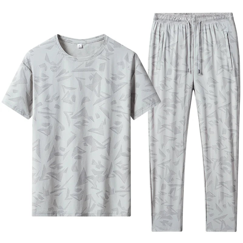 Men 2 Piece Quick Dry Tracksuit Round Neck Short Sleeve Tee Drawstring Straight Pants Camo Print Set - View 3 | SAMAG