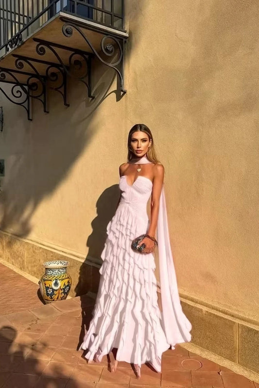 Halter Long Train Evening Gown Sweetheart Multi Layer | SAMAG