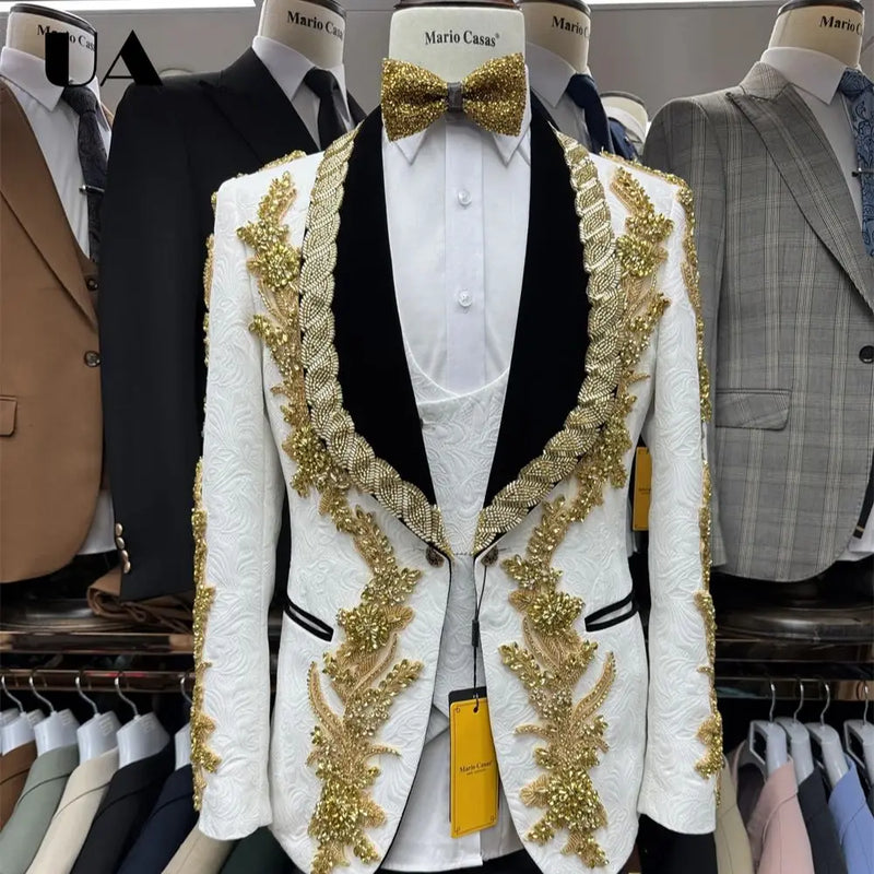 ULBYANRY Jacquard 3-Pieces Suit Including Jacket Vest Pants Suit Attires Luxury Handmade Men's Suit Set with Gold Rhinestones
