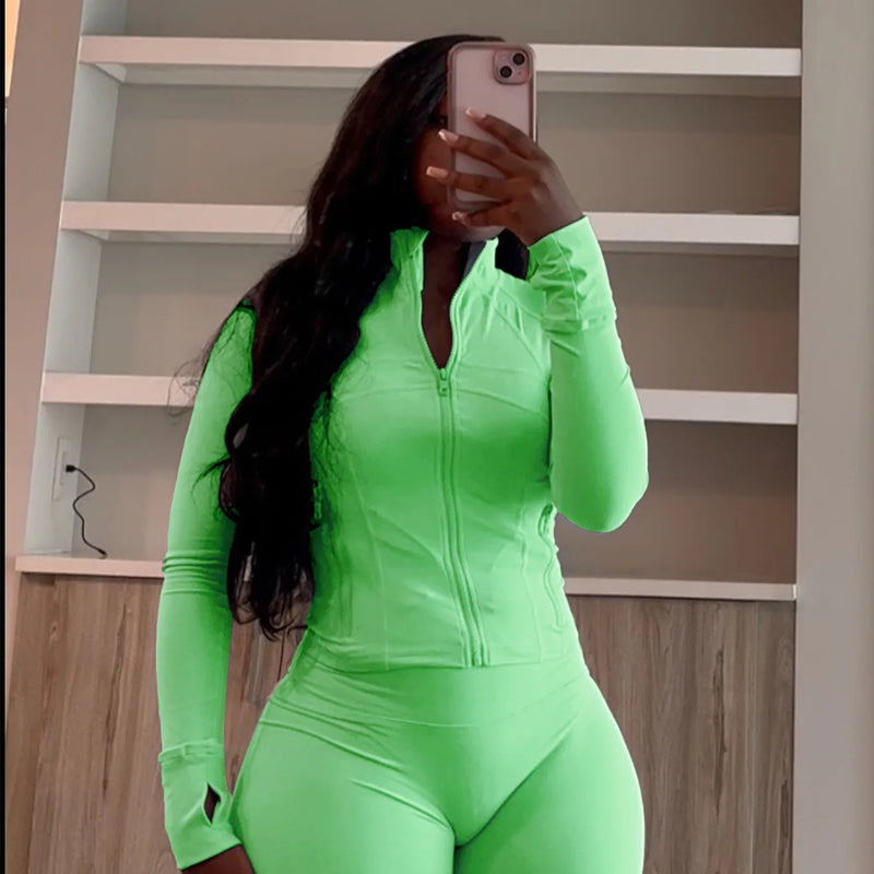 Fall Siold Bodycon Zipper Crop Top Women Tracksuits Sets+Trousers Women Black Gray 2 Two Pieces Matching Leggings Shorts Suits