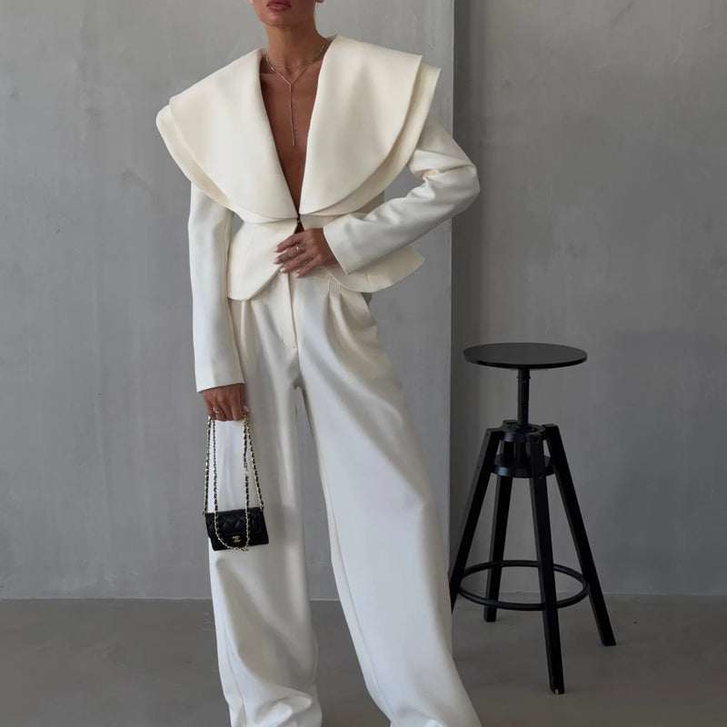 Laur 2026 Oversized Double Layer Lapel Cropped Blazer Two Piece Set High Waist Wide Leg Trousers Elegant Formal Matching Outfit