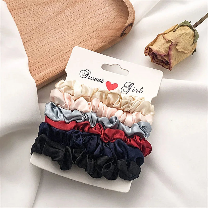 5/6pcs Soft Satin Elastic Scrunchies Set Women Girls Simple Ponytail Holders Imitation Silk Hair Ties Ropes