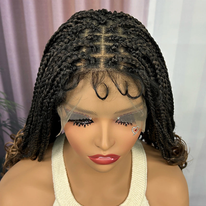 Knotless Box Braided Wig with Wavy Ends Synthetic Lace Frontal 1B-30 Dark Ombre Braided Lace Wig with Baby Hair for Black Women