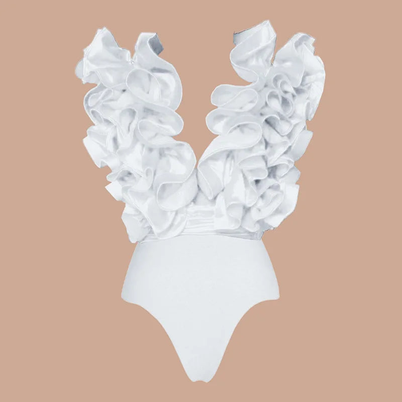 Sexy White 3D Ruffle Flower One Piece And Skirt Set | SAMAG