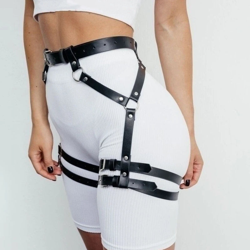 Studded Decor Harness Belt Leg Harness Suspenders Pu Leather Thigh Garter Harness for Women Harness Clothing Accessories