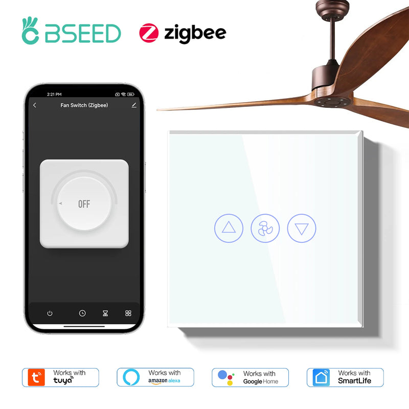 BSEED Zigbee Fans Switches Smart Wall Touch  Speed Control Switch With EU Socket Support Tuya Smart Life Alexa Voice Control