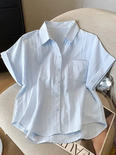 Blue Neck Short Sleeve Shirt Women's Summer Loose | SAMAG