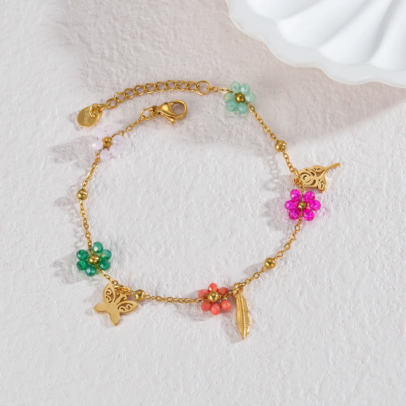 Summer Sweet Colorful Crystal Beaded Flower Bracelet For Women Girl Stainless Steel Beach Vacation Jewelry Gold Color Chain Gift