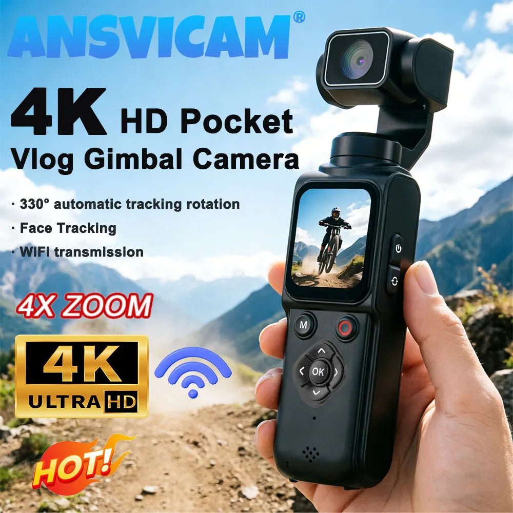 ANSVICAM 4K Wifi Pocket Vlogging Camera 330° Auto Rotatable Touch Screen Sports DV Bodycam Face Tracking Portable Action Cameras