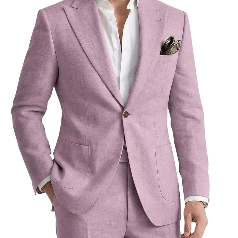 Men's 2 Pieces Linen Suits Casual Lightweight Summer Beach Groom Wedding Suit Linen Blazer Pants Set