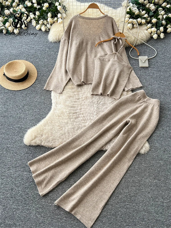 SINGREINY Lazy Knitwear Autumn Suits Simple Loose Pullover+Halter Mini Tank Top+Wide Leg Pants Women Sensual Sweater 3Pcs Sets