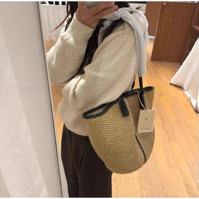 Trendy Handwoven Straw Bucket Bag Color Block Knotted | SAMAG