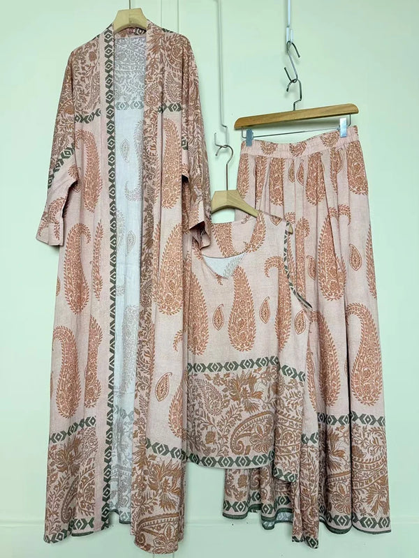 Design retro positioning printed long cardigan+vest three piece set for spring women's clothing+loose pants skirt fashion set