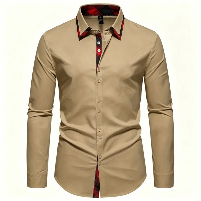 Men's Slim Fit Dress Shirt Plaid Patchwork Collar Long | SAMAG