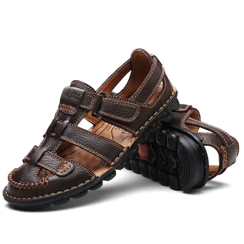 Men's Genuine Leather Sandals 2026 Summer Anti-slip Outdoor Beach Shoes Toe Cap Top Layer Cowhide Men Sandals Large Size 38-48