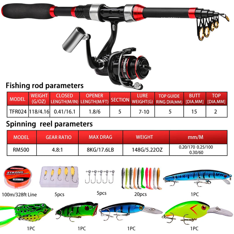 Proberos Fishing Pole Set Full Kits With Telescopic Fishing Rod And Spinning Reel Baits Hooks Travel Pole Set