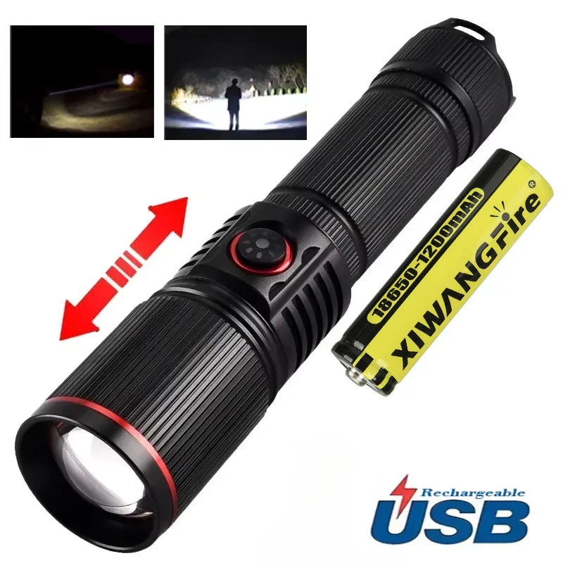 30W High Power LED Flashlight Zoom Torch USB Rechargeable Light Outdoor Camping Hunting Fishing Walking Riding Lighting Lamp