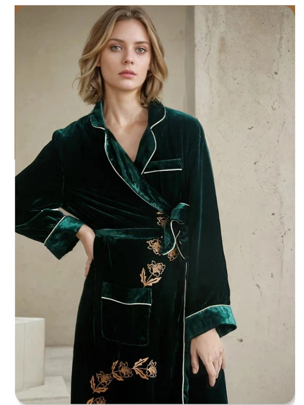 19 Momme Heavyweight Silk Long Robe for Women 100% Mulberry Silk Velvet Long Sleeve Bathrobe Thickened Warm Kimono for Winter PJ