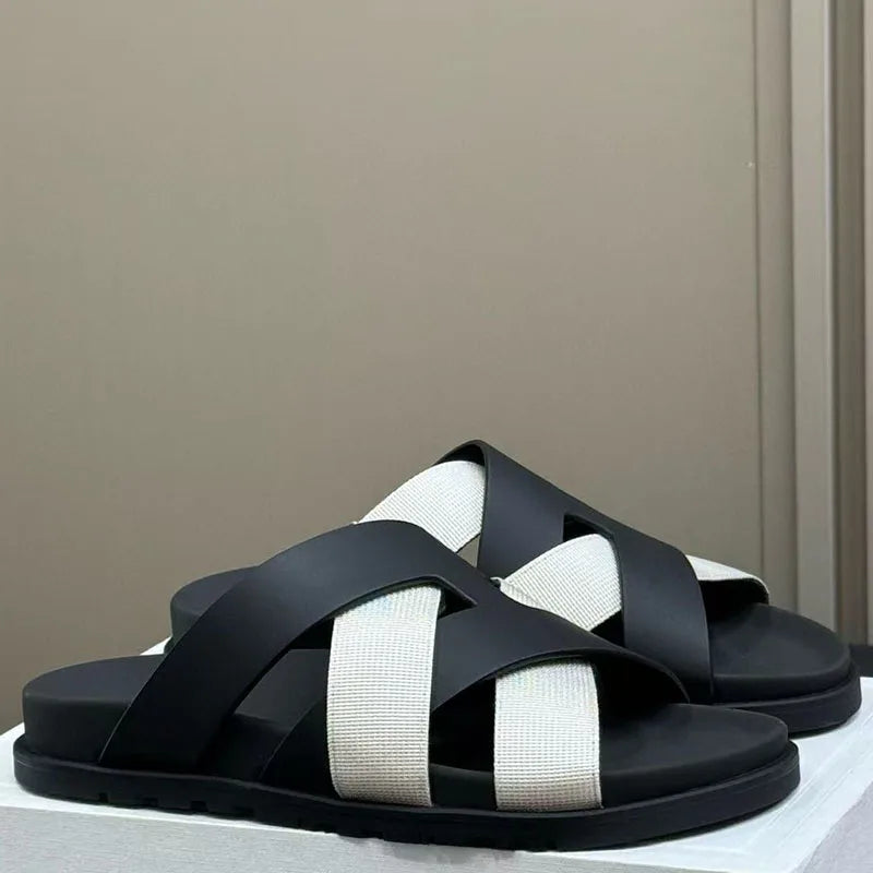 Spring and summer braided calfskin functional sandals, suede color-block slippers, couple's vacation beach slippers