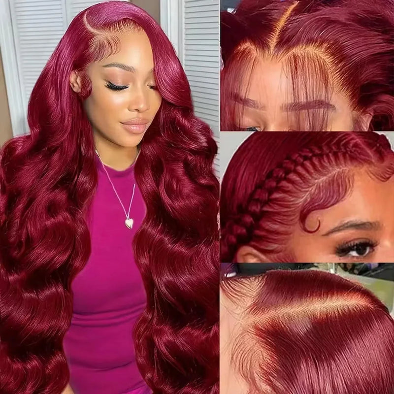 34 Inch 99J Burgundy Body Wave 13x4 HD Transparent Lace Frontal Wig Human Hair Pre Plucked Baby Hair Cuticle Aligned Colored Wig For Black Women