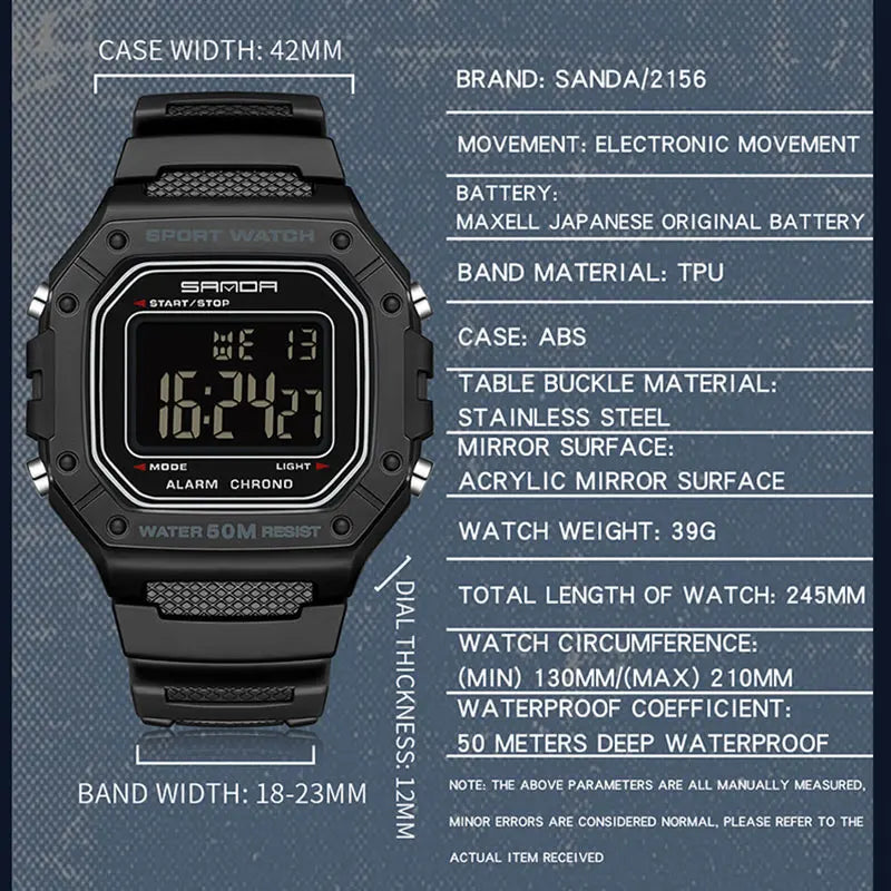 SANDA 2156 Fashion Mens Watch Military Water Resistant Sport Watches Army Big Dial Led Digital - Visuel 5 | SAMAG