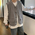 Men's Sleeveless Vest Trendy Cardigan Jacket Hong Kong Style Retro Vest Versatile Solid Color Vest