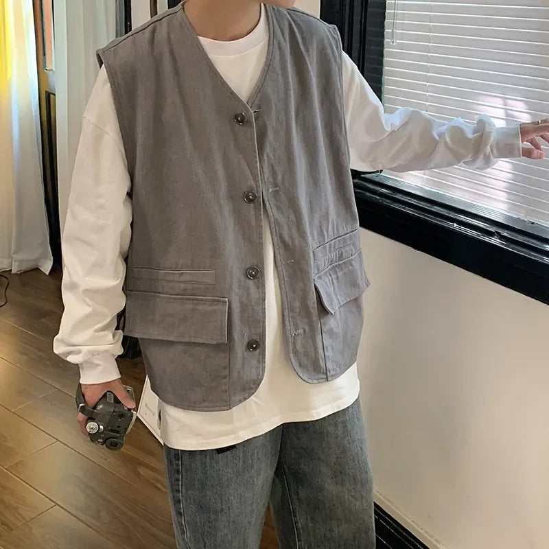 Men's Sleeveless Vest Trendy Cardigan Jacket Hong Kong Style Retro Vest Versatile Solid Color Vest