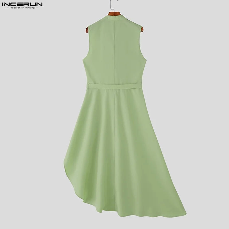 INCERUN Men Vests Solid Lapel Sleeveless Irregular Vests Men 2025 Ruffle Fashion Male Long Style Waistcoats With Belt Streetwear