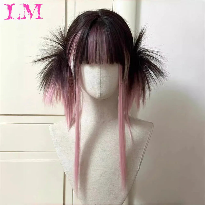 LM Medium Length Pink Cosplay Wig Heat Resistant Costume Party Synthetic Wigs 2 Clip On Ponytail 7 Colors