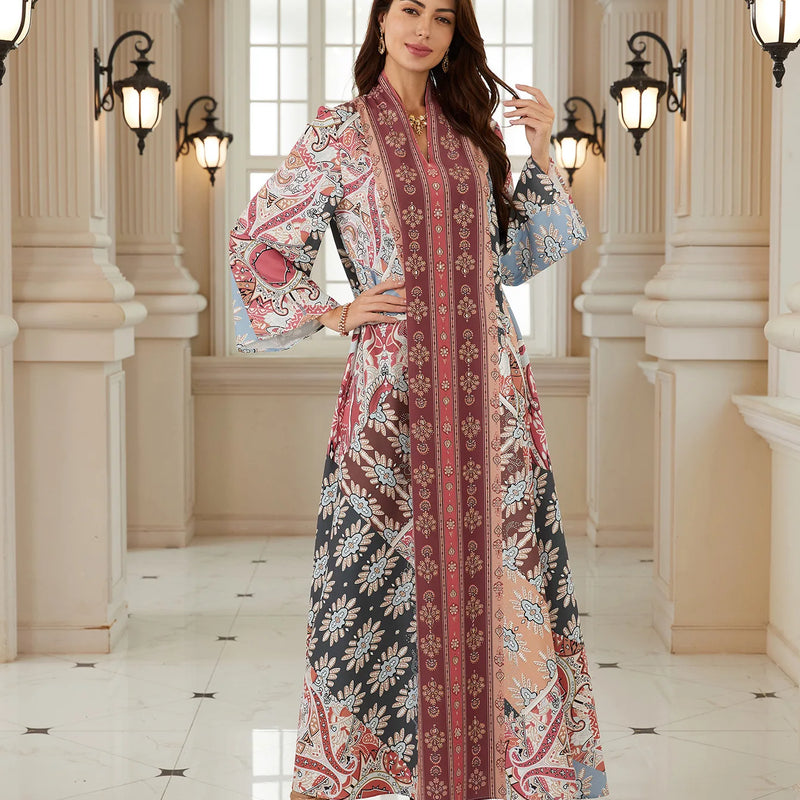Ethnic V Neck Abaya Boho Floral Print Long Sleeve Loose | SAMAG