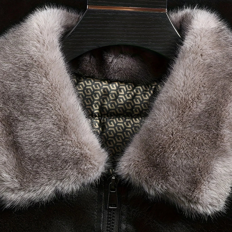 Men's Autumn and Winter Black Gold Graphene Lined Camel Hair Warm Fur Collar Pu Leather Jacket