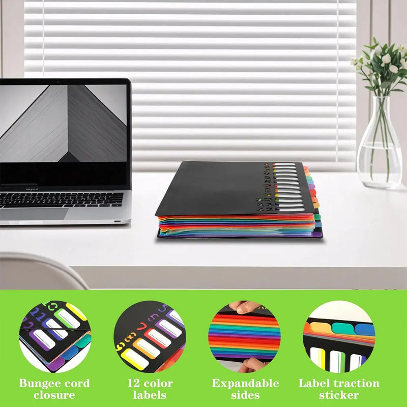 A4 expandable file folder with 12 compartments and 24 pockets, for organizing and storing documents and office supplies.