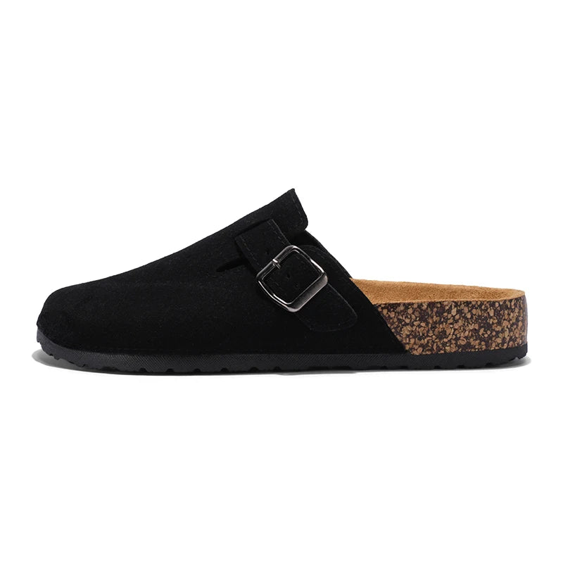Mens Suede Cork Slippers Clogs Slip-on Leather Sandals Closed Toe Comfort Footbed Slides Slippers Summer Casual Shoes