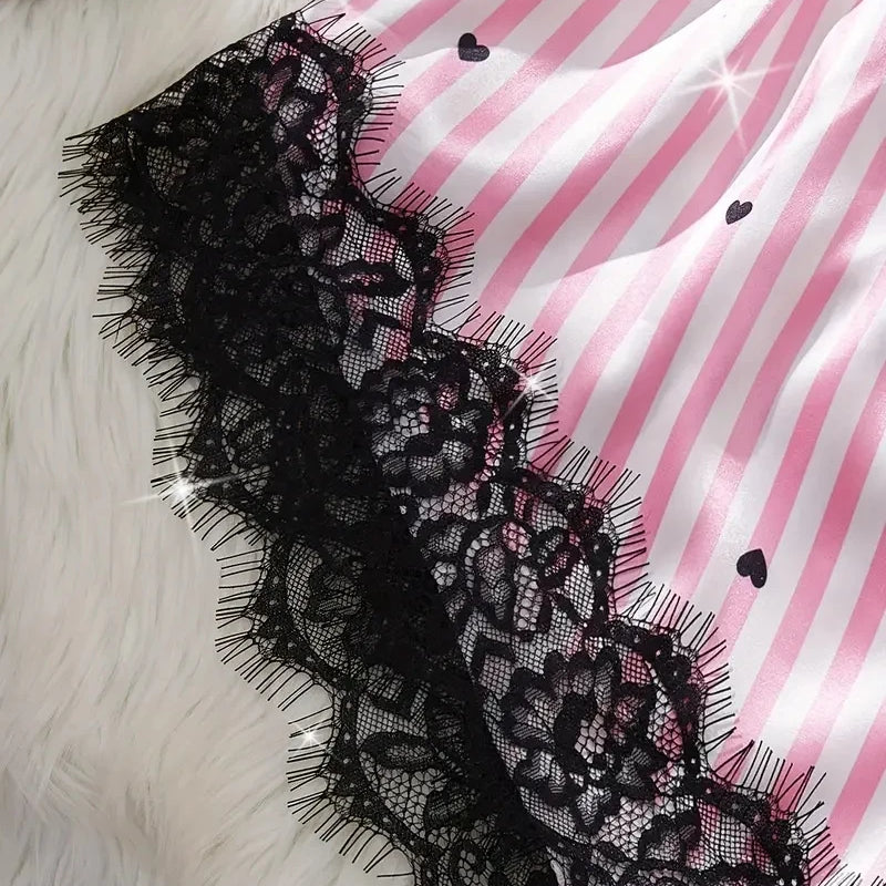 Summer Silk Satin Women's V-Neck Sexy Lace Suspender Pajama Shorts Set Stripes Heart Casual Women's Sleeveless Sexy Pajama Set