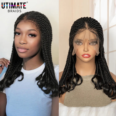 Full Lace Synthetic African Cornrow Braided Wigs for Black Women 18 Inches Lace Frontal Knotless Box Braiding Wigs with Wavy