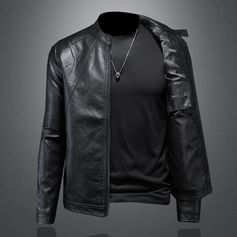 2024 Autumn and Winter New Fashion Handsome with Solid Color Men Stand Collar Motorcycle Leather Coat Slim Fashion   M-5XL