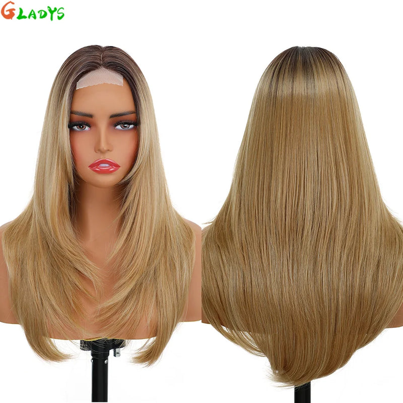 210g/pcs 180% Density Lace Wig 6-24-613 Color Middle Part Glueless Lace Wigs 24 Inch Ombre Blonde Synthetic Hair Daily Use Wigs