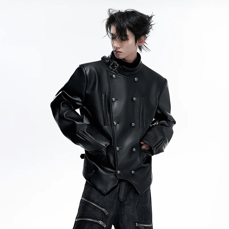LUZHEN 2026 New Original Niche Design Double Breasted Stand Neck Leather Jacket Men's Fashion Handsome Cross Placket Coat JY6357