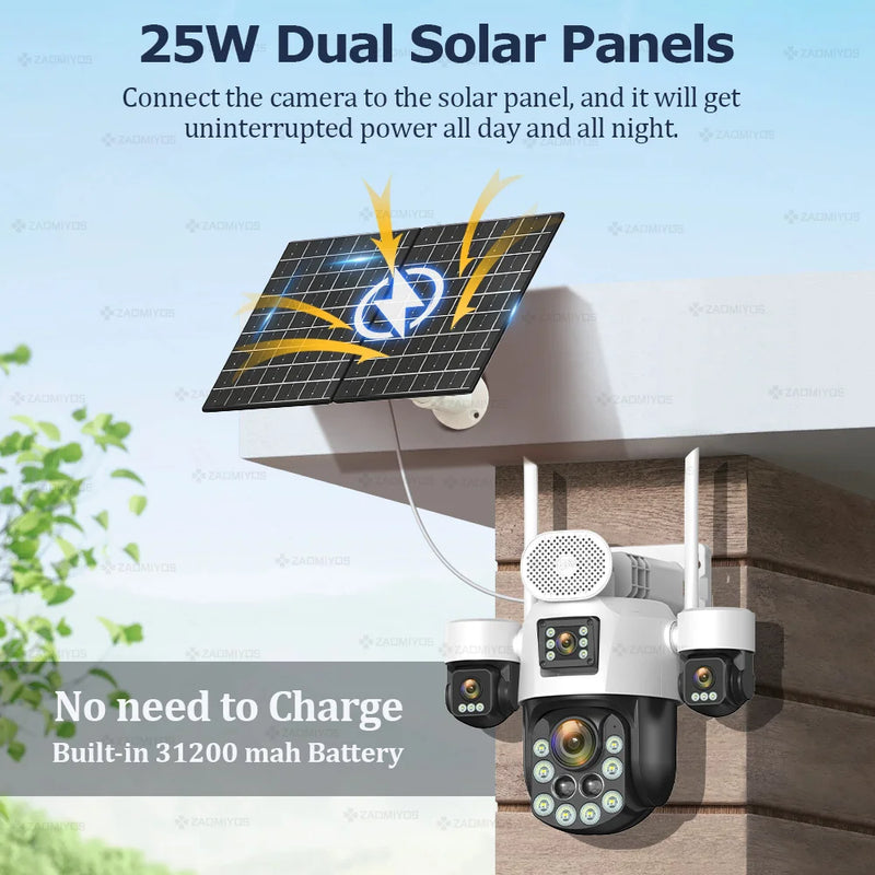 4 Lens Outdoor 360° Surveillance Solar Camera 20MP 60X Optical Zoom 4G SIM Home Security PTZ Auto Track AOV 24/7 Record CCTV Cam