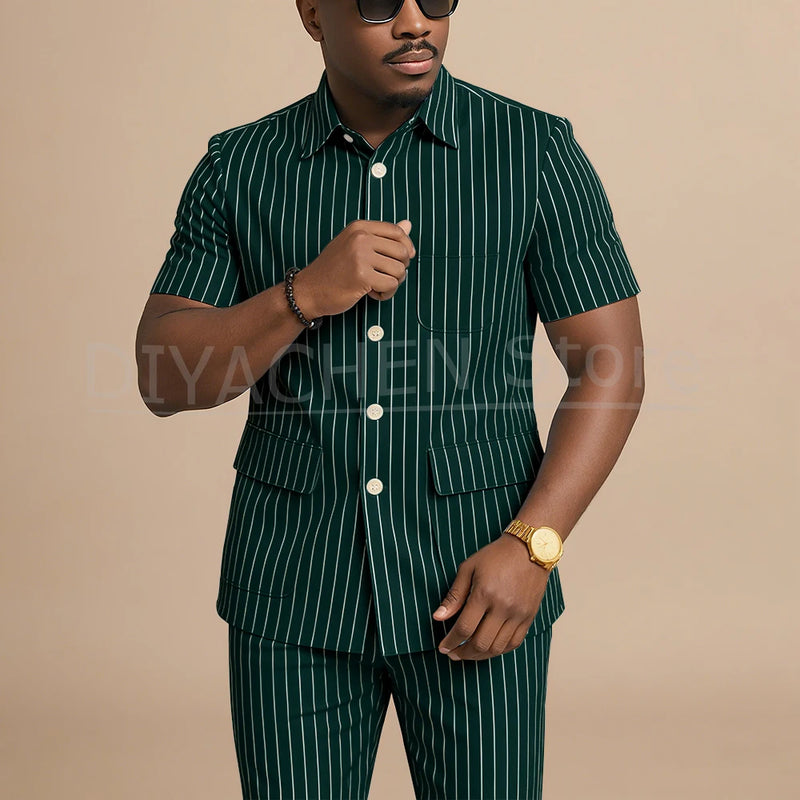 Navy Blue Striped Men Suits Chic Stand Collar Short Sleeves Wear Single Breasted Office Business Casual Male Suit 2 Piece