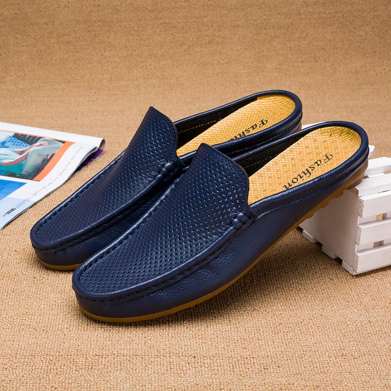 Summer Men's Shoes Casual Mens Breathable Loafers Leather Half Slipper for Men Slip on Lazy Driving Shoe